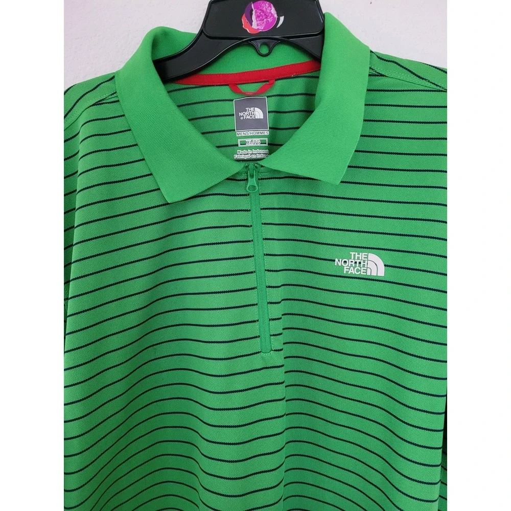 The North Face Mens XL Golf Polo Shirt‎ Green Black Stripe Zip Short Sleeve #1